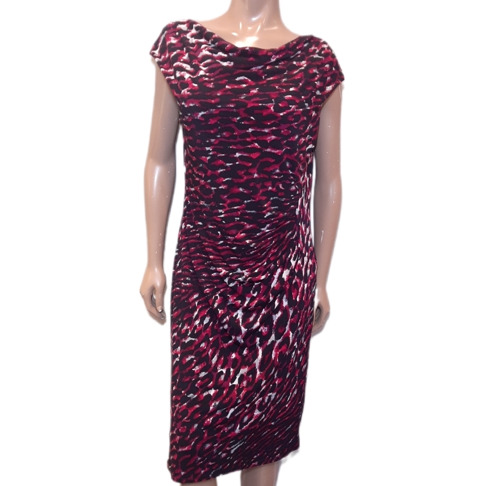 Planet Leopard Print Midi Dress Cap Sleeve Cowl Boat Neck Gathered Stretchy